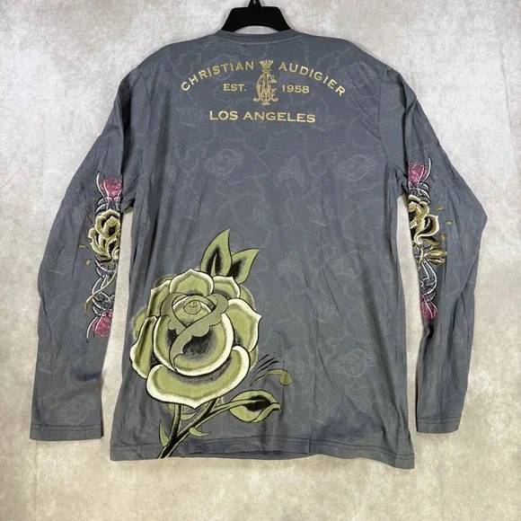 Christian Audigier Shirt Men XXL Grey Long Sleeve Tee Praying Hands Rhinestone